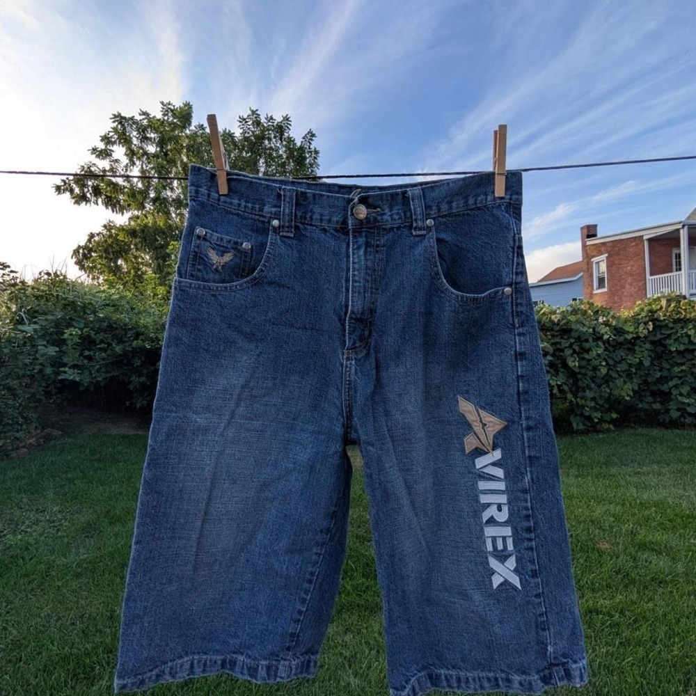 Vintage Y2K‎ Avirex Baggy Denim Carpenter Shorts Blue Embroidered Logo Mens